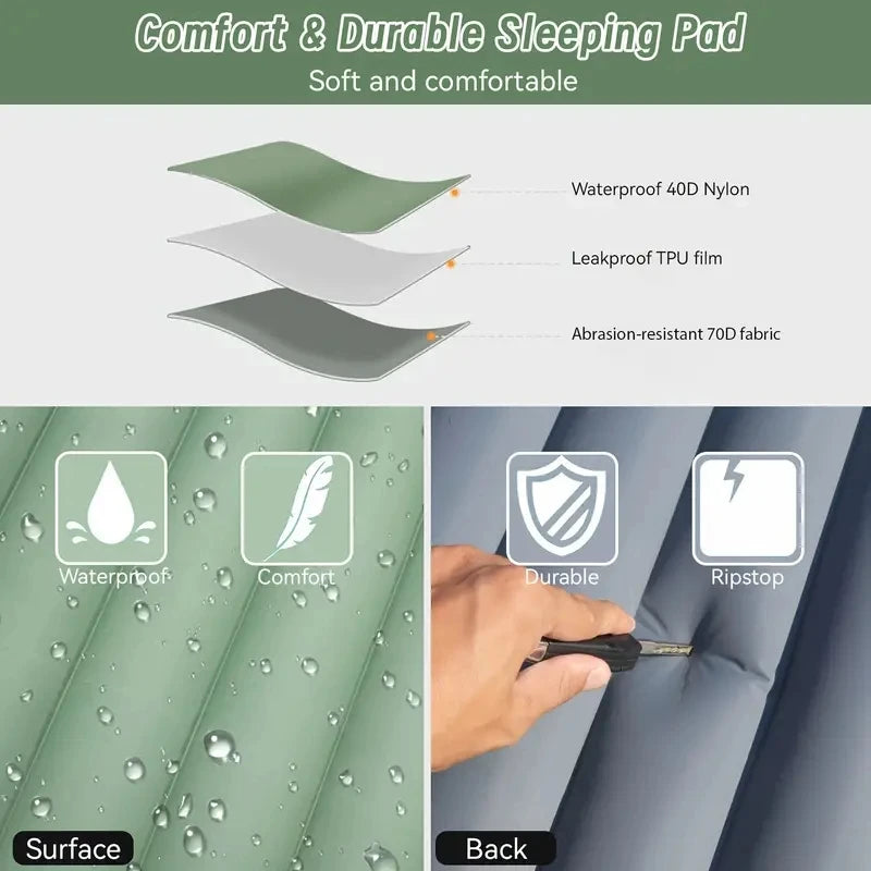Outdoor Camping Sleeping Pad Inflatable Mattress with Pillows Ultralight Air Mat Built-In Inflator Pump Travel Hiking