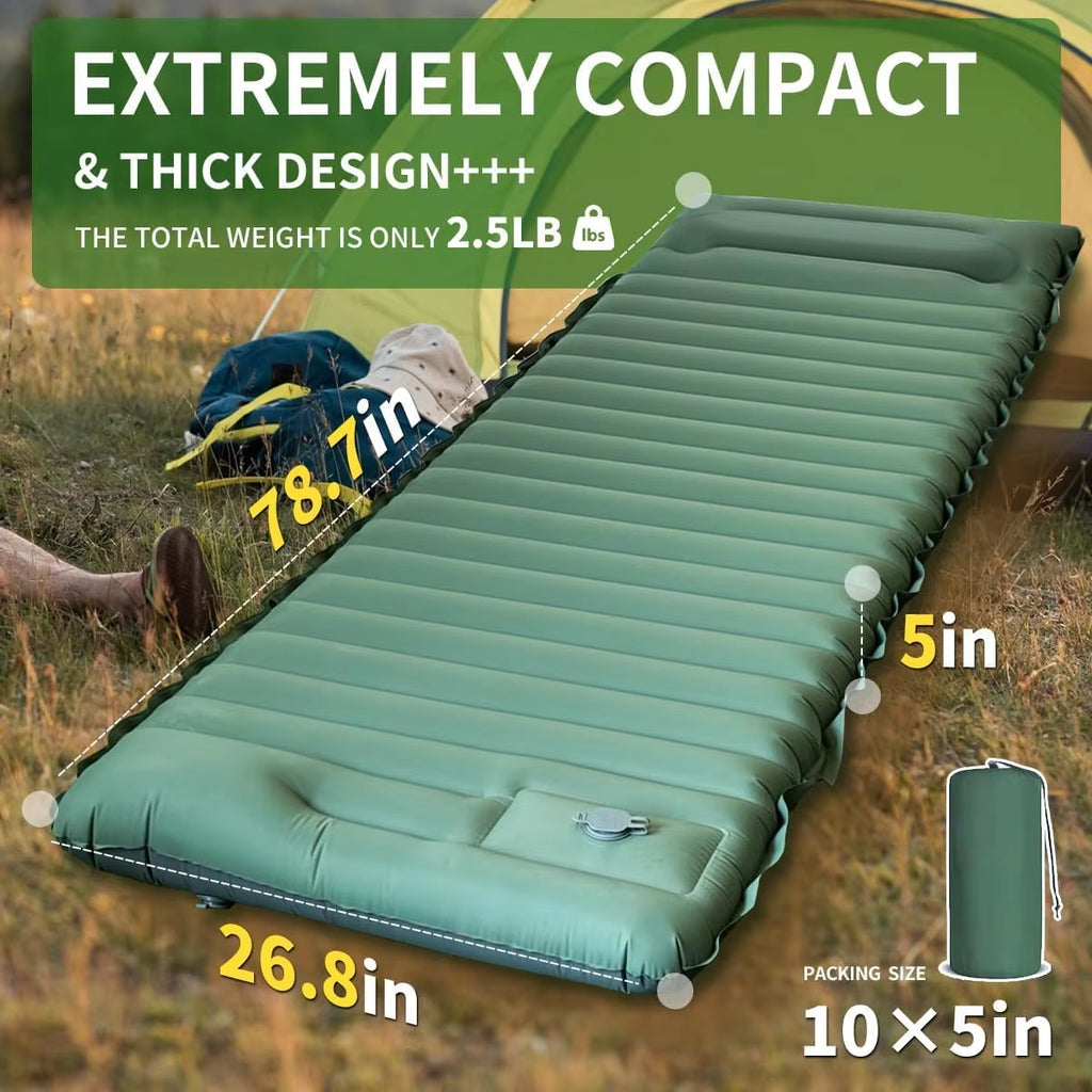 Outdoor Camping Sleeping Pad Inflatable Mattress with Pillows Ultralight Air Mat Built-In Inflator Pump Travel Hiking