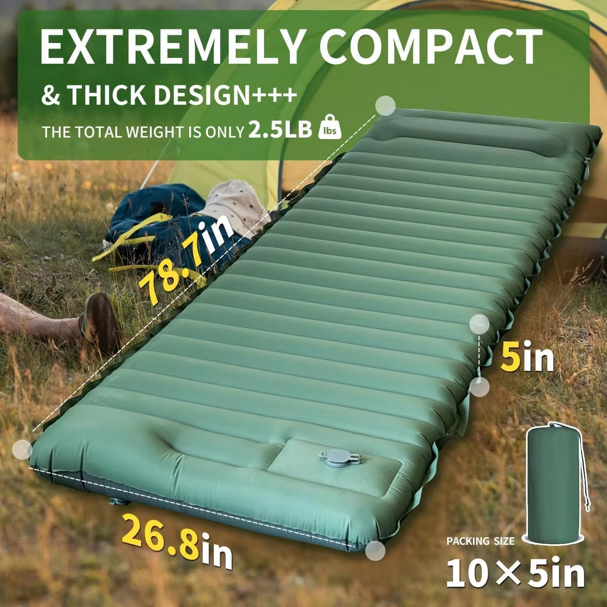 Outdoor Camping Sleeping Pad Inflatable Mattress with Pillows Ultralight Air Mat Built-In Inflator Pump Travel Hiking