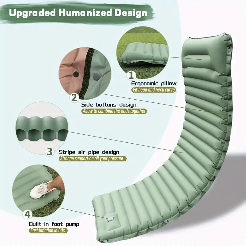 Outdoor Camping Sleeping Pad Inflatable Mattress with Pillows Ultralight Air Mat Built-In Inflator Pump Travel Hiking