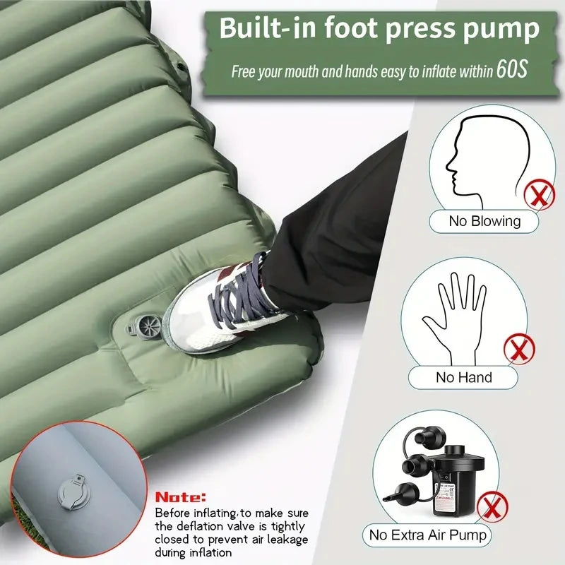 Outdoor Camping Sleeping Pad Inflatable Mattress with Pillows Ultralight Air Mat Built-In Inflator Pump Travel Hiking